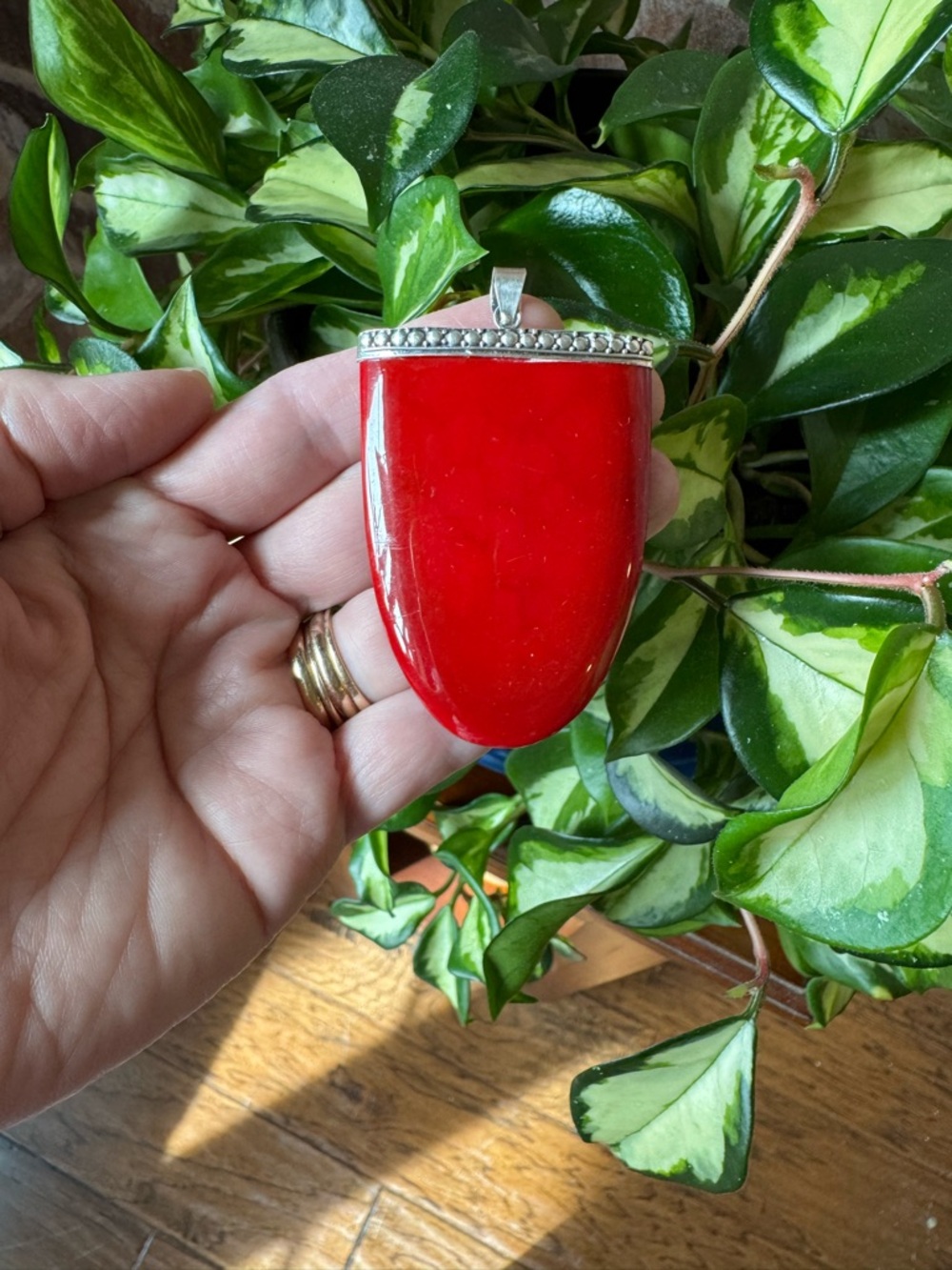 Beautiful Large Red Coral Sterling Silver Pendant